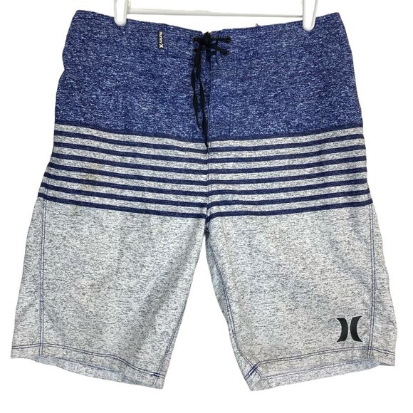 Hurley Men’s Stripe Shorts Beach Ocean Surf Polyester Sz 30 Blue Grey Drawstring - Picture 1 of 11